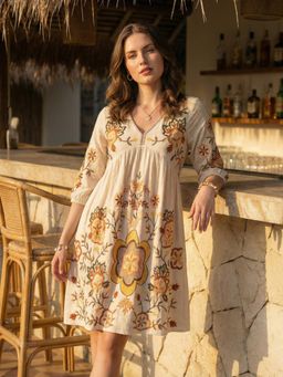 ZUMMER - Floral Embroidered Puff Sleeve Short Dress