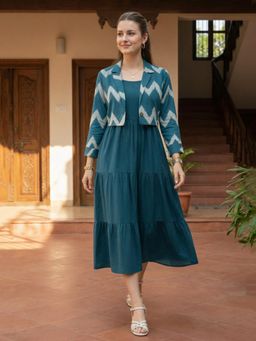 ZUMMER - Cotton Fit And Flare Midi Dress with ikat Printed Jacket