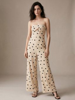 Outzidr - Beige Tube Polka Dot Printed Jumpsuit