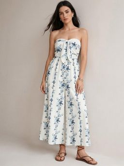 Outzidr - White Tube Floral Printed Jumpsuit