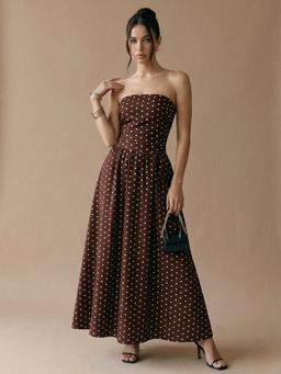 Outzidr - Brown Off Shoulder Polka Printed Dress