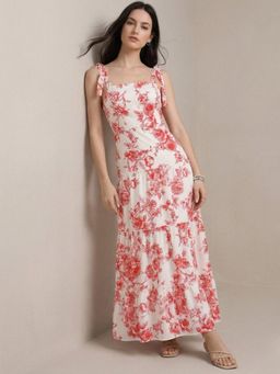 Outzidr - Pink Sleeveless Shoulder Tie-Up Floral Printed Dress