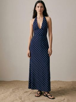 Outzidr - Navy Blue Polka Dotted Halter Neck Maxi Dress