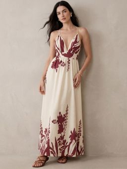 Outzidr - Cream Plunge Neck Placement Floral Printed Dress