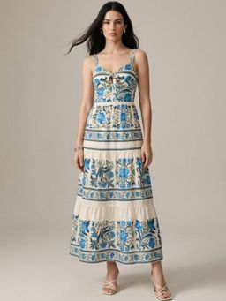 Outzidr - Blue Spaghetti Strap Floral Printed Dress