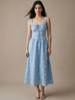 Outzidr - Blue Corset Style Floral Textured Dress