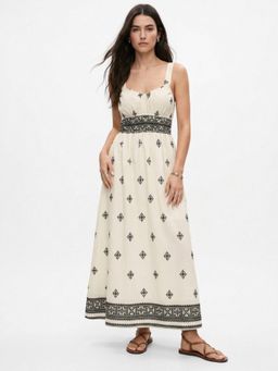 Outzidr - Off White Shoulder Strap Printed Dress