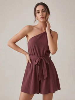 Outzidr - Wine One Shoulder Waist Tie-Up Playsuit with Belt
