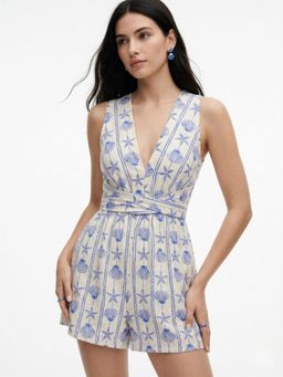 Outzidr - Cream Sleeveless V Neck Printed Playsuit