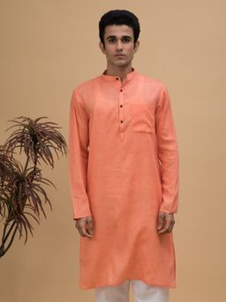 NEUDIS - Men Orange Cotton Linen Blend Long Kurta