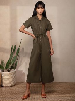 Twenty Dresses by Nykaa Fashion - Military Green Solid Collar Neck Jumpsuit