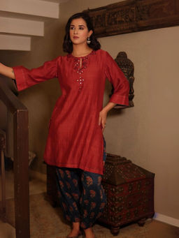 Spring Soul - Brick Red Chanderi Kurta with Salwar Pant (Set of 2)