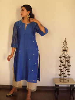 Spring Soul - Blue Sequin-Embellished Chanderi Kurta with Pant (Set of 2)
