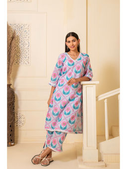 JS Label  - JS LABEL Blue Pink Flower Print Cotton Co-Ord (Set of 2)