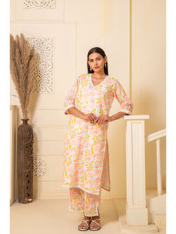 JS Label  - JS LABEL Light Green And Peach Flower Print Cotton Kurta With Pant (Set of 2)