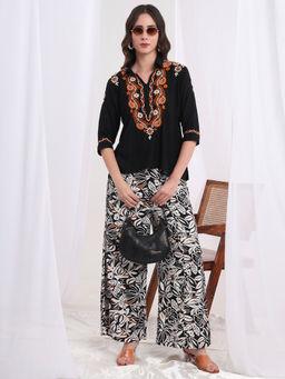 Sufiza Lifestyle - Chinkankari Viscose Rayon Black Top with Palazzo (Set of 2)