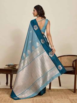 URBAN PALLU - Women Blue Silk Blend Woven Saree