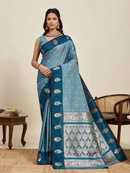 URBAN PALLU - Women Blue Silk Blend Woven Saree