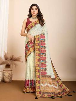 URBAN PALLU - Women Off White Silk Blend Printed Saree
