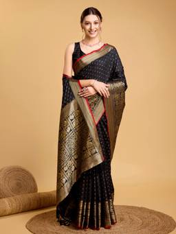 URBAN PALLU - Women Black Silk Blend Woven Saree