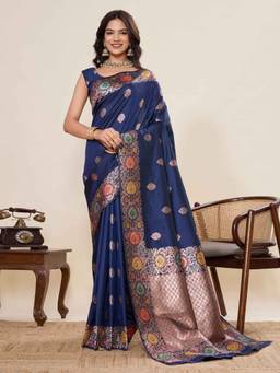 URBAN PALLU - Women Navy Blue Silk Blend Woven Saree