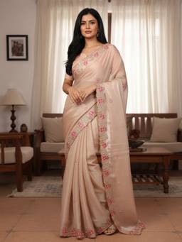URBAN PALLU - Women Beige Cotton Blend Embroidered Saree