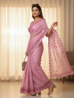 URBAN PALLU - Women Pink Cotton Blend Embroidered Saree