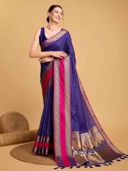 URBAN PALLU - Women Blue Silk Blend Woven Saree