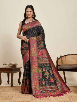 URBAN PALLU - Women Black Silk Blend Woven Saree