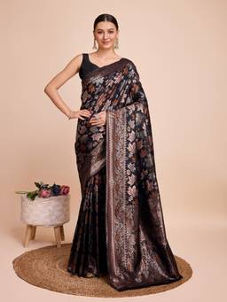 URBAN PALLU - Women Black Silk Blend Woven Saree