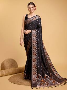 URBAN PALLU - Women Black Silk Blend Woven Saree