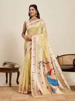 URBAN PALLU - Women Yellow Silk Blend Woven Saree