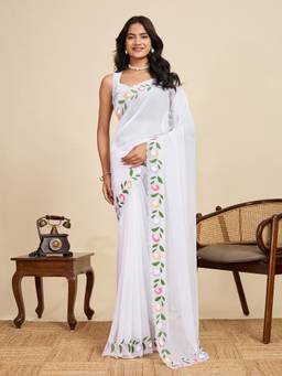 URBAN PALLU - Women White Poly Georgette Embellished/Sequined Saree
