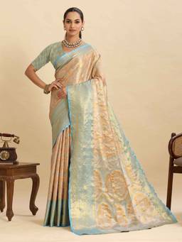 URBAN PALLU - Women Beige Silk Blend Woven Saree