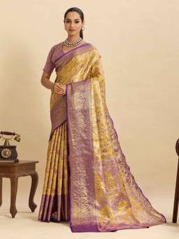 URBAN PALLU - Women Yellow Silk Blend Woven Saree