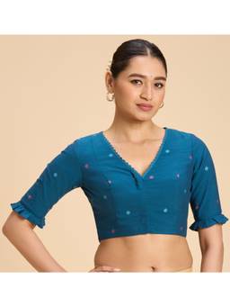 Studio Shringaar - Women Indigo Handloom Cotton Jamdan Printed Stitched Blouse