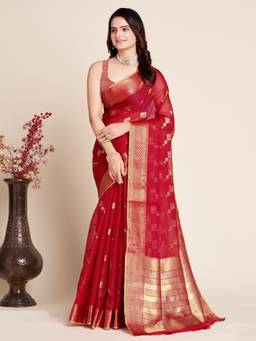 URBAN PALLU - Women Red Silk Blend Woven Saree