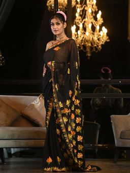 Beatitude - Black Hand Embroidered Kashmiri Saree with Unstitched Blouse