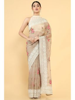 Soch - Women Brown Organza Embroidered Saree with Unstitched Blouse