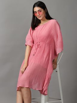SHOWOFF - Womens Round Neck Knee Length Pink Printed Dress