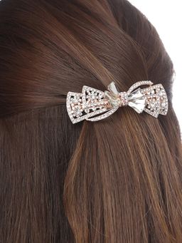 Yellow Chimes - Gold Toned Bow Designed White Crystal Studded French Baratte Hair Clip