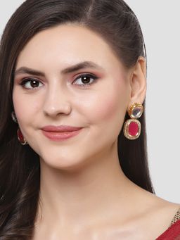 Karatcart - Gold Plated Red Polki Kundan Drop Earrings for Women