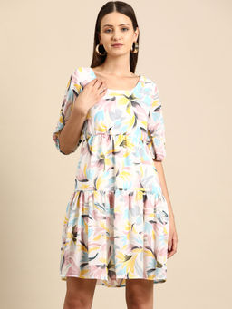 Dodo & Moa - Floral Print Puff Sleeve Crepe Fit Flare Dress