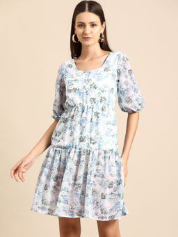 Dodo & Moa - Floral Printed Puff Sleeve Crepe Fit Flare Dress