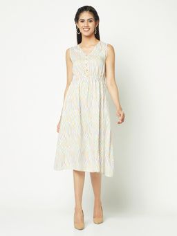 Glito - Women Abstract Printed Sleeveless Fit and Flare Multi Color Dress