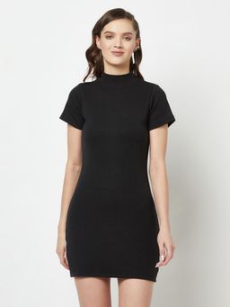 Glito - Women Solid Round Neck Short Sleeve Black Bodycon Dress