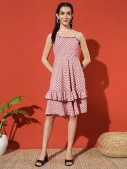 Glito - Women Shoulder Straps Polka Dots Printed A-Line Pink Dress