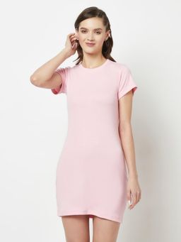 Glito - Women Solid Round Neck Short Sleeve Pink Bodycon Dress