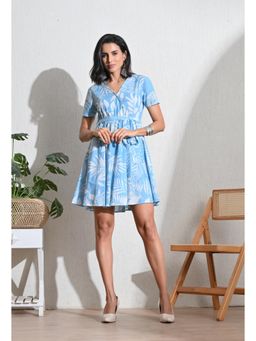 Glito - Women Floral Printed Wrap Blue Dress with Belt