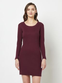 Glito - Women Solid Round Neck Full Sleeve Wine Bodycon Dress